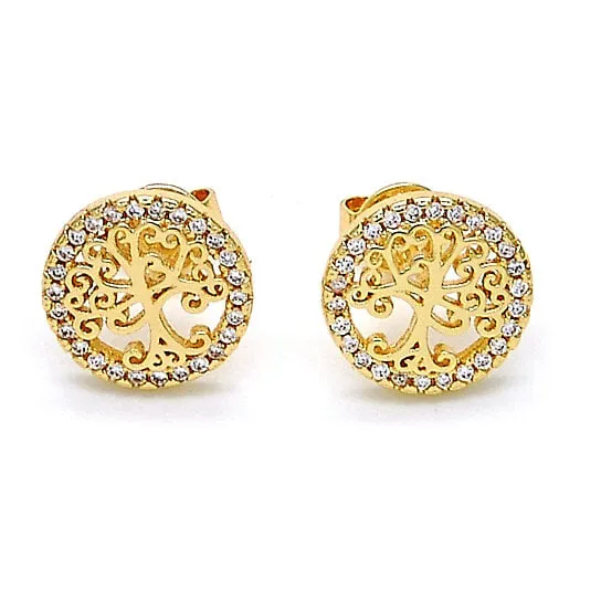 14k Gold Filled High Polish Finish Crystal Tree of Life Stud Earrings