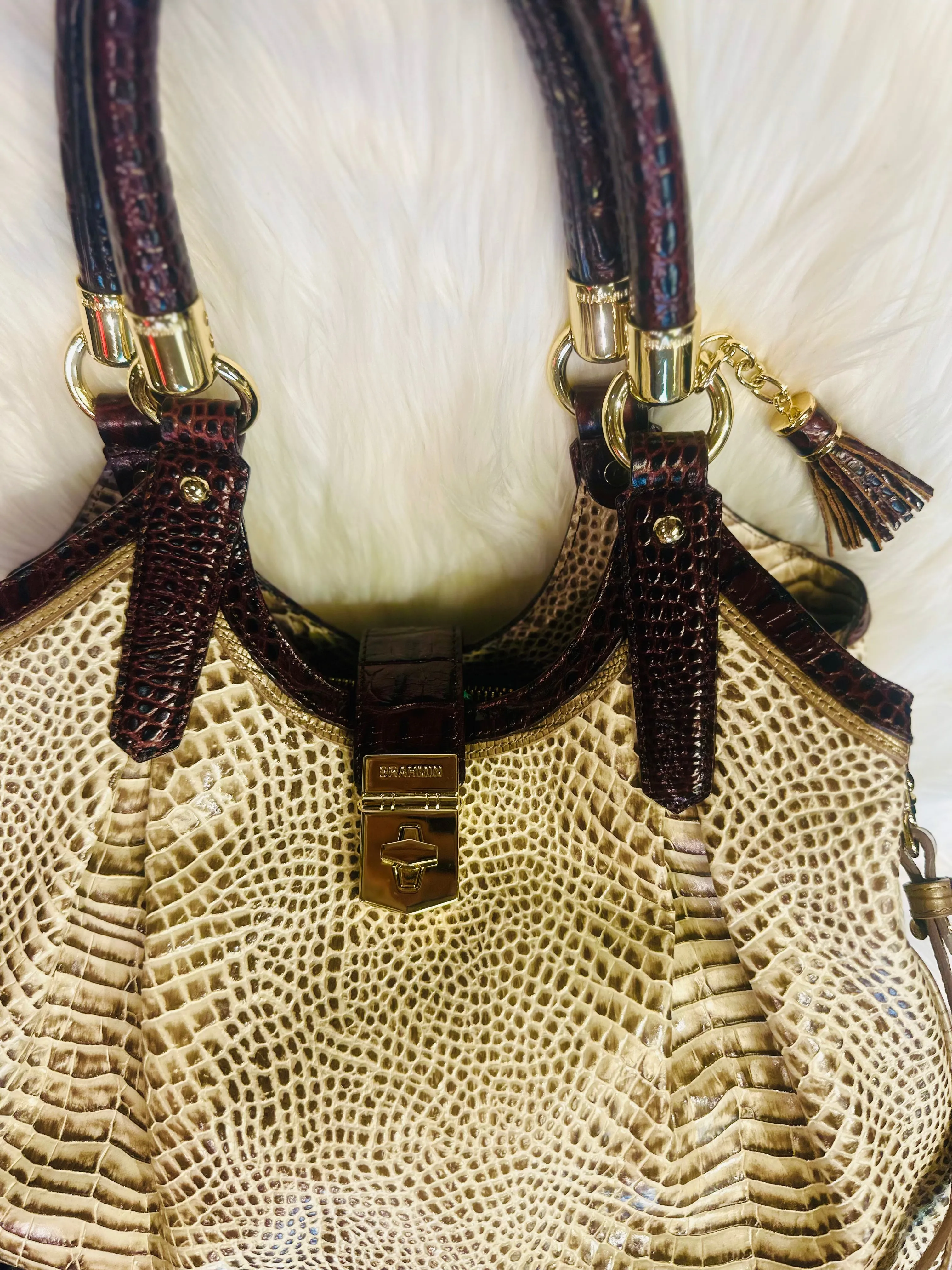 Brahmin Elisa Shoulder Bag Tri-color Creme Rhodes Embossed Leather   Tassel EUC (preowned)