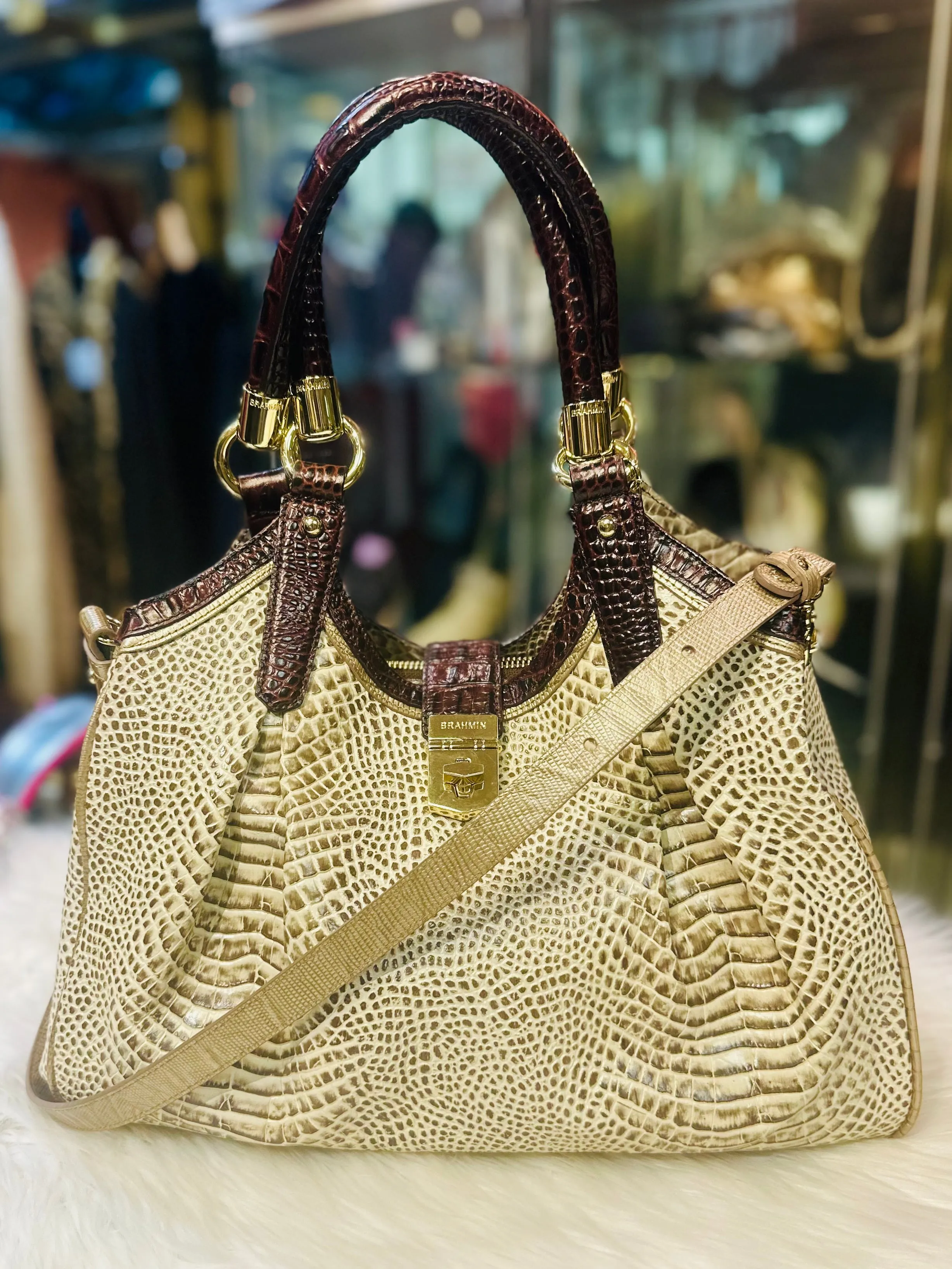 Brahmin Elisa Shoulder Bag Tri-color Creme Rhodes Embossed Leather   Tassel EUC (preowned)