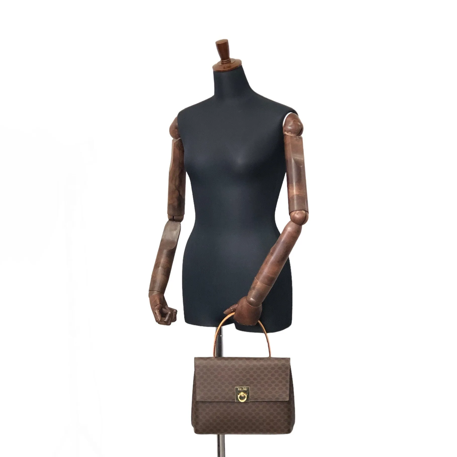 CELINE Macadam Gancini  PVC Leather Handbag Brown Vintage  2js7t4