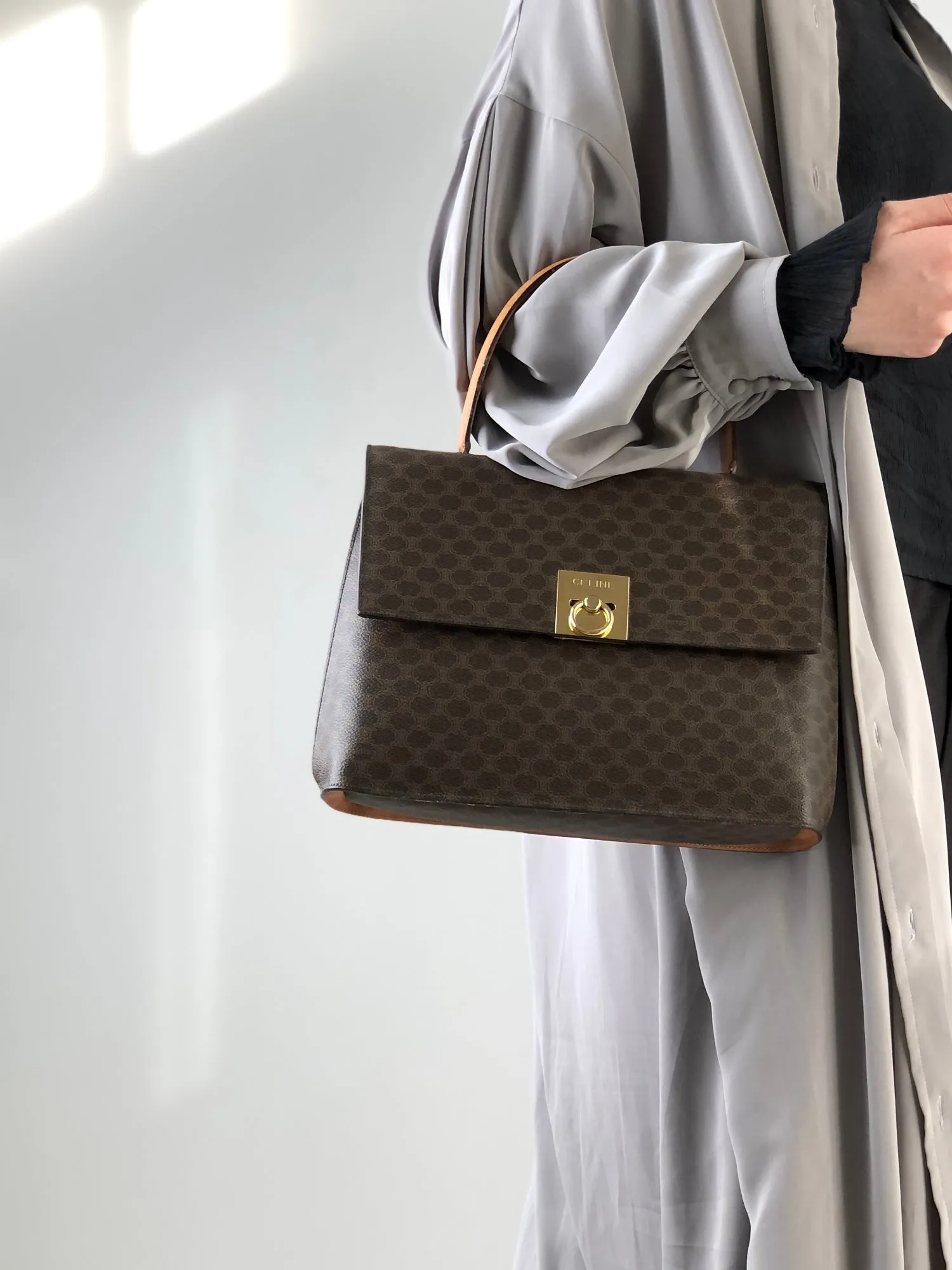 CELINE Macadam Gancini  PVC Leather Handbag Brown Vintage  2js7t4