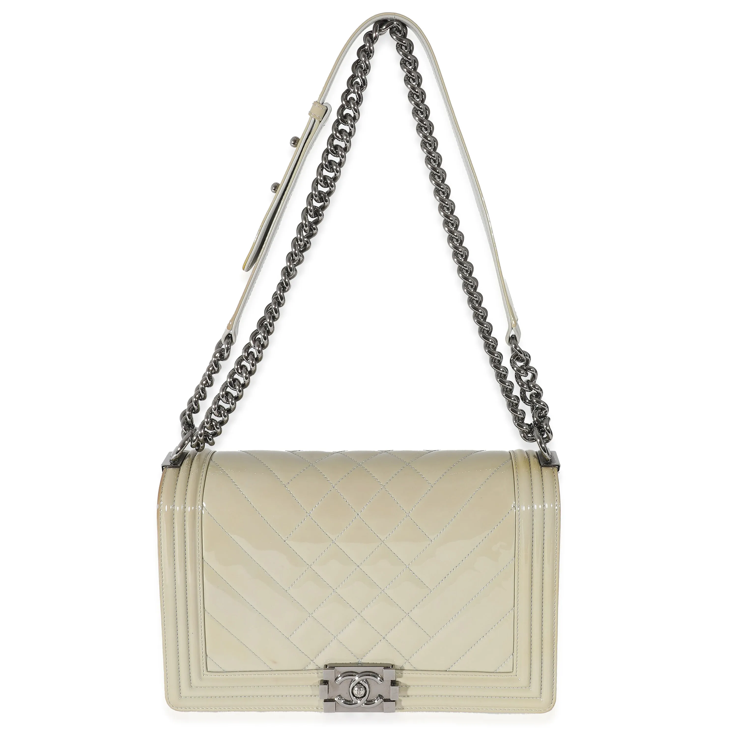 CHANEL 14P Grey Patent Mix Quilted New Medium Boy Bag