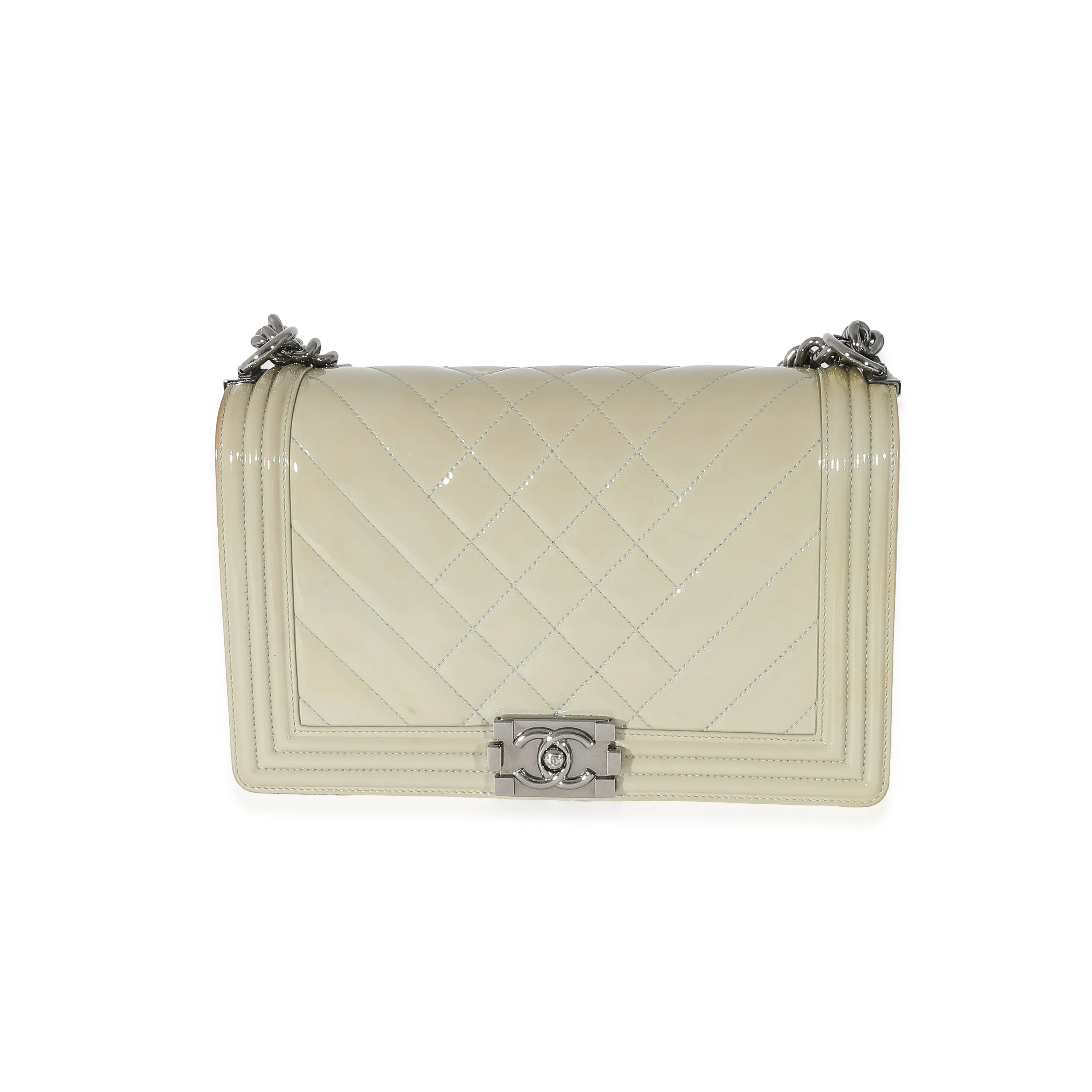 CHANEL 14P Grey Patent Mix Quilted New Medium Boy Bag