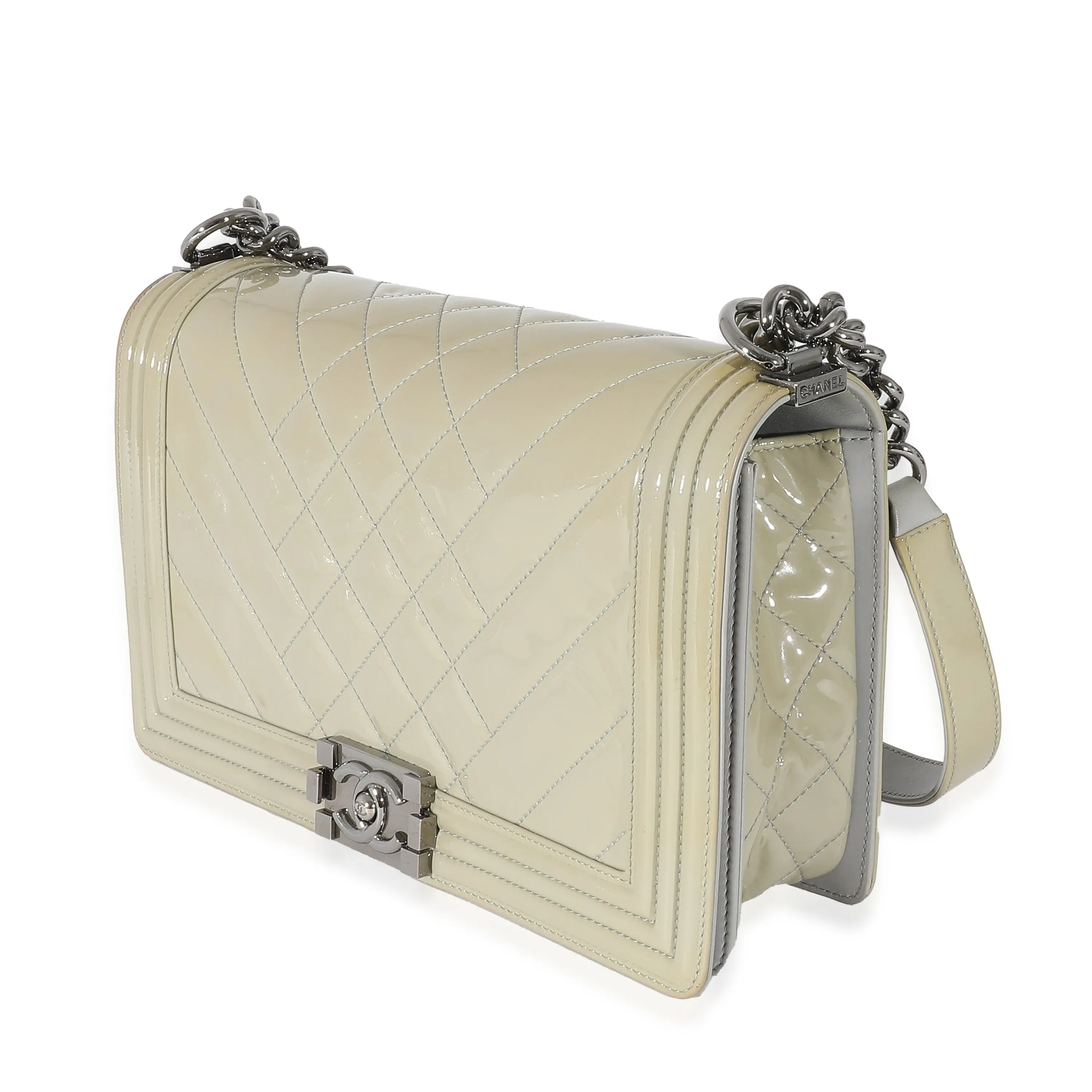 CHANEL 14P Grey Patent Mix Quilted New Medium Boy Bag