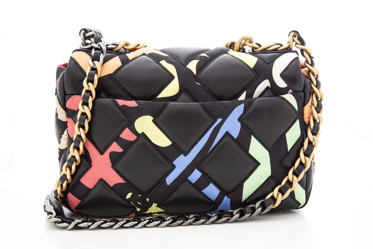 Chanel 19 Black Multicolor Printed Fabric &  Lambskin Handbag