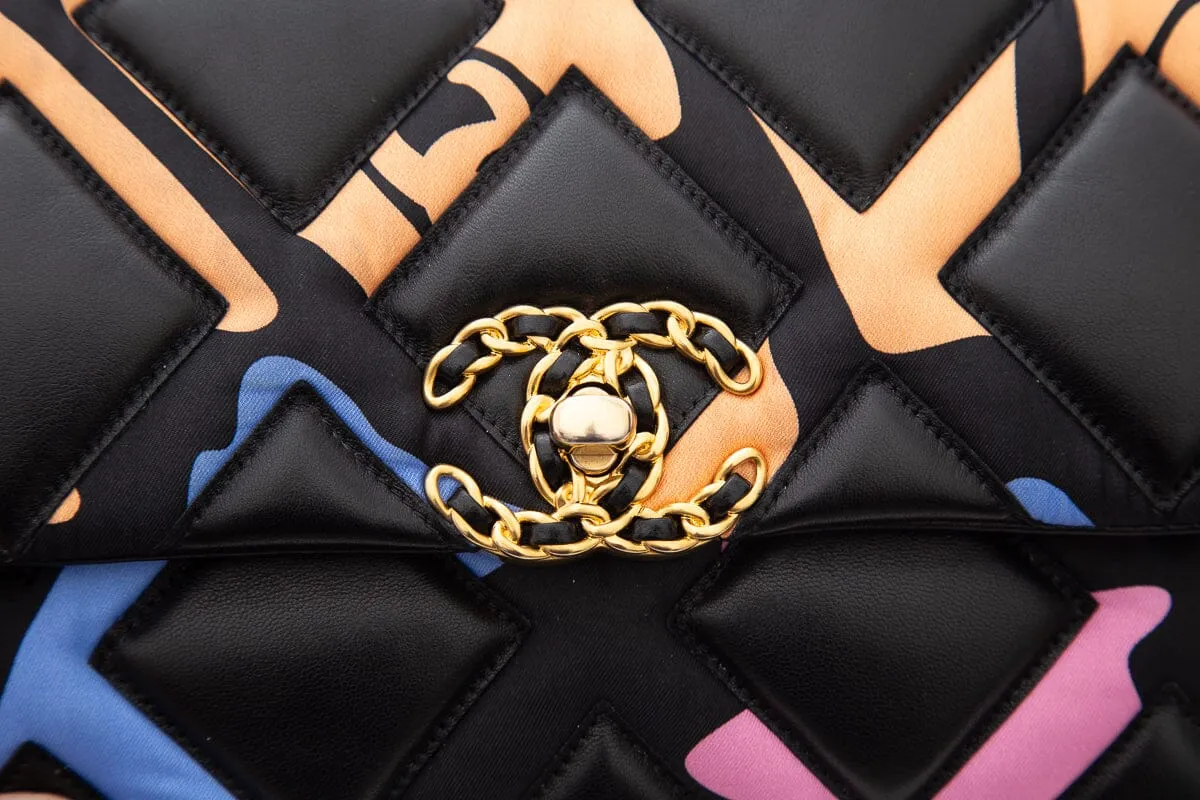 Chanel 19 Black Multicolor Printed Fabric &  Lambskin Handbag