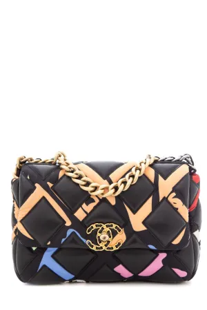 Chanel 19 Black Multicolor Printed Fabric &  Lambskin Handbag