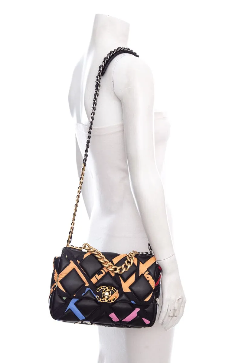 Chanel 19 Black Multicolor Printed Fabric &  Lambskin Handbag