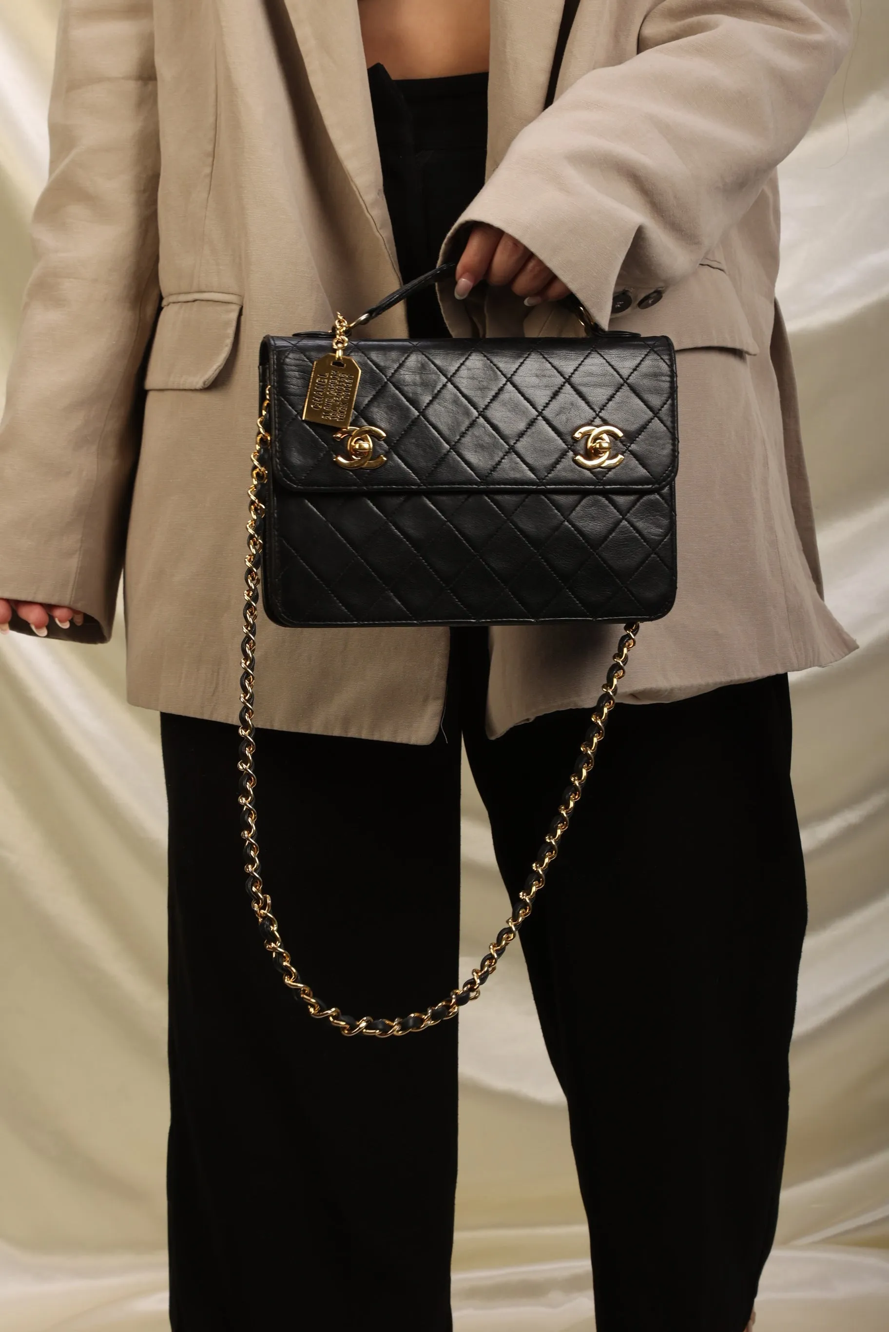 Extremely Rare Chanel 1989 Lambskin Double Turnlock Briefcase Bag