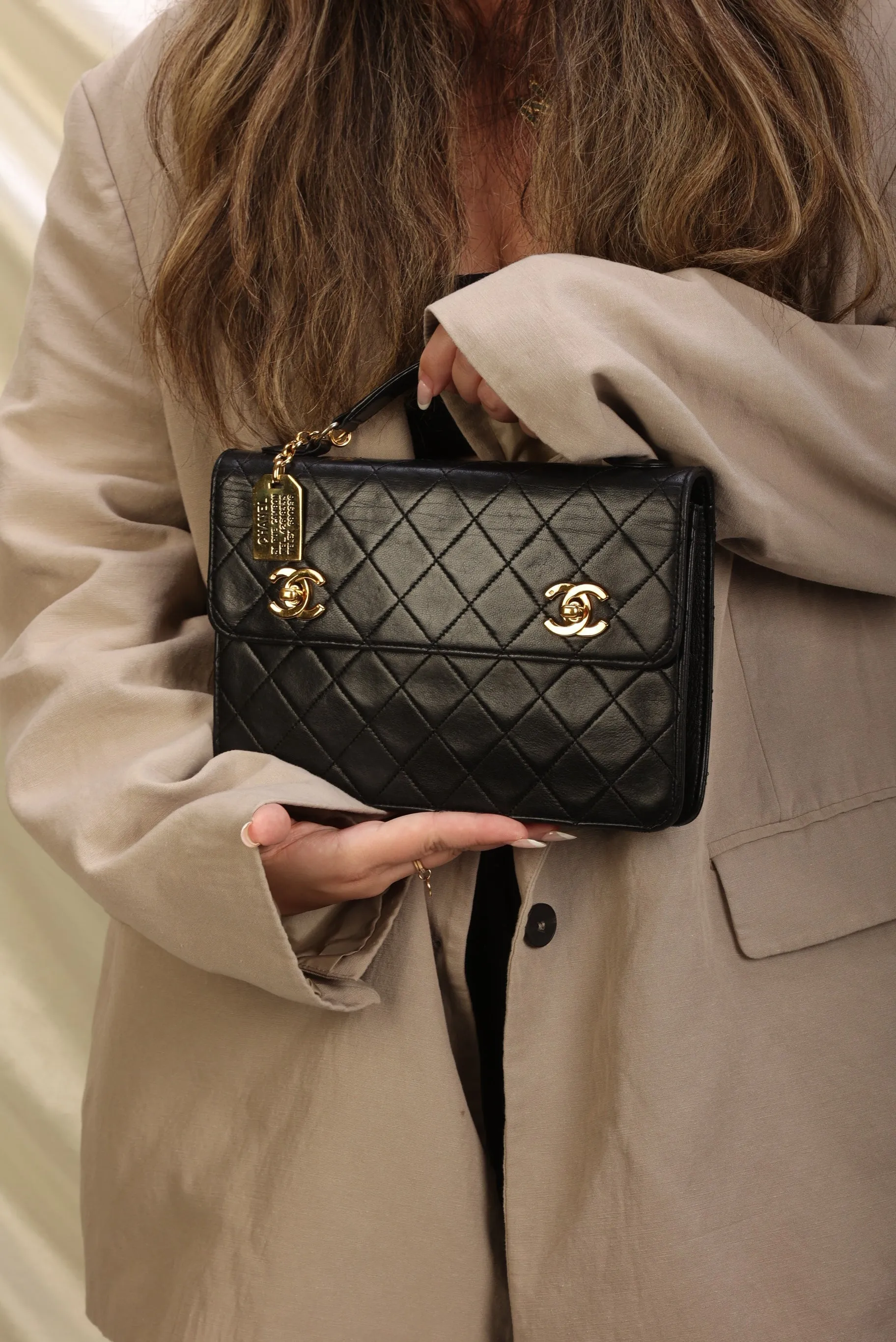 Extremely Rare Chanel 1989 Lambskin Double Turnlock Briefcase Bag