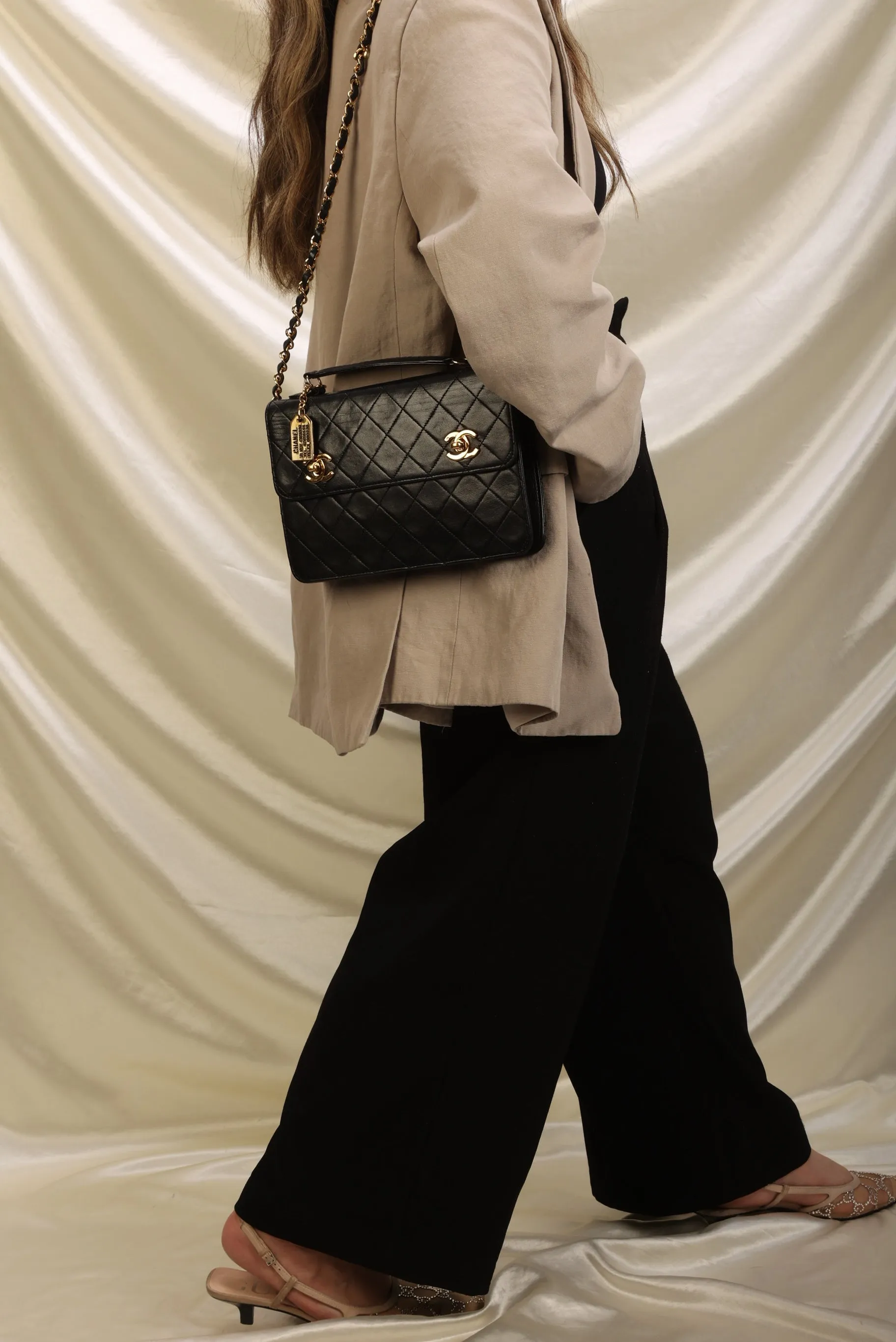 Extremely Rare Chanel 1989 Lambskin Double Turnlock Briefcase Bag