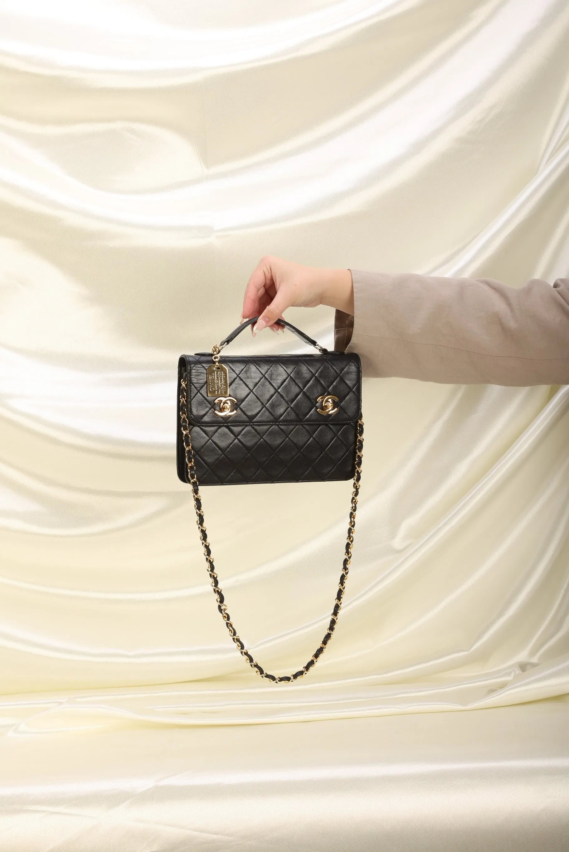 Extremely Rare Chanel 1989 Lambskin Double Turnlock Briefcase Bag