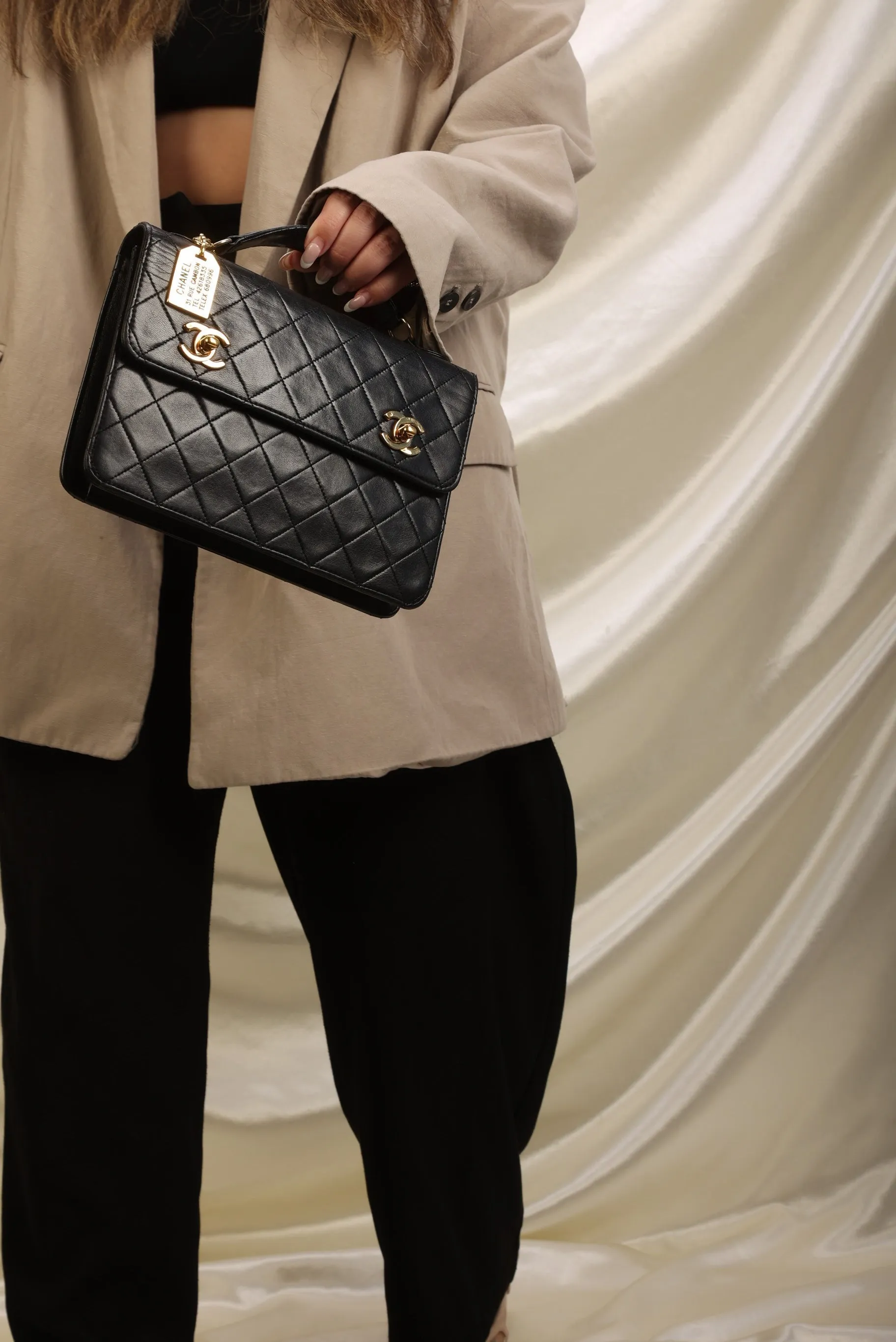 Extremely Rare Chanel 1989 Lambskin Double Turnlock Briefcase Bag