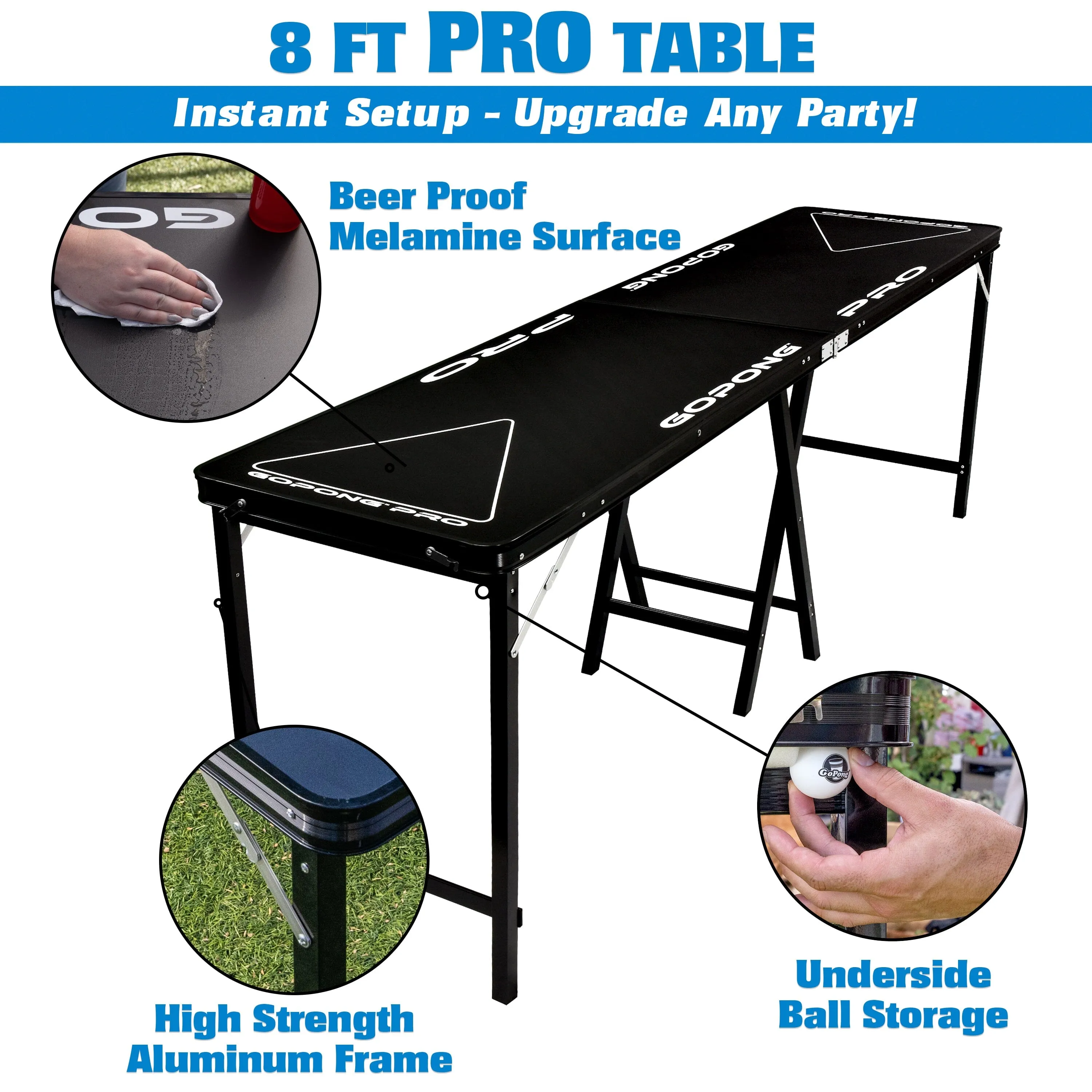 GoPong PRO 8 Foot Premium Beer Pong Table - Heavy Duty (Black, 36-Inch Tall)