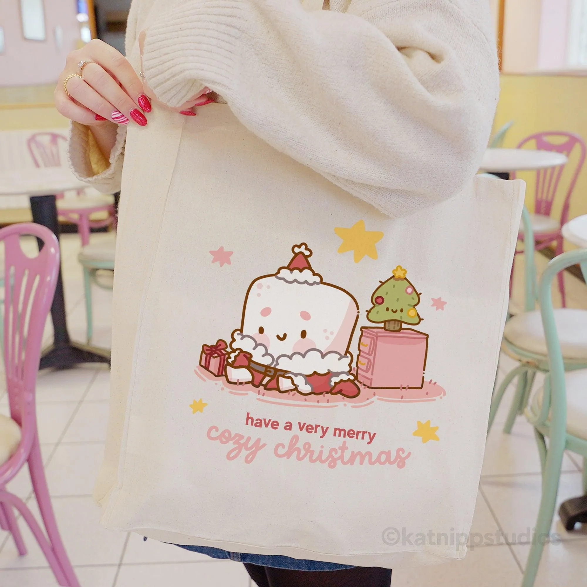 Marshie the Marshmallow Christmas Tote Bag | Kawaii Eco-Friendly Reusable Cotton Shopping Bag
