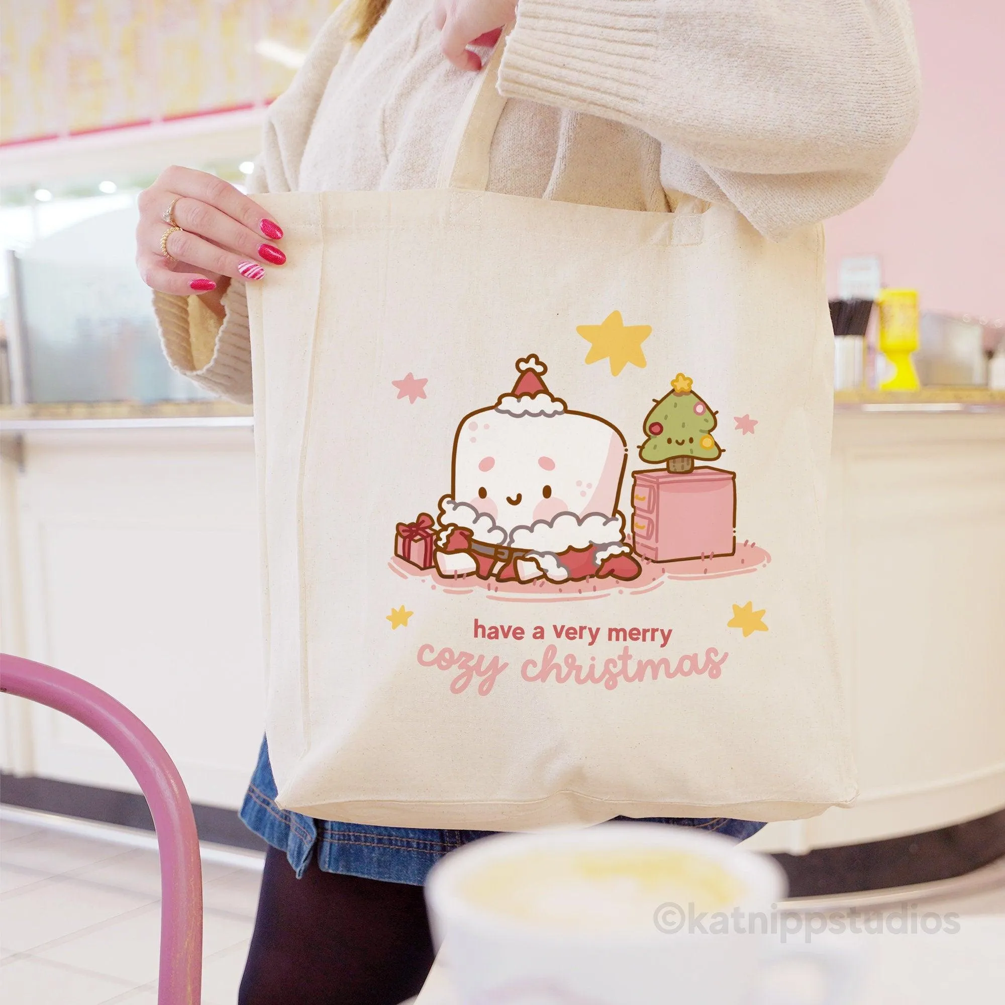Marshie the Marshmallow Christmas Tote Bag | Kawaii Eco-Friendly Reusable Cotton Shopping Bag