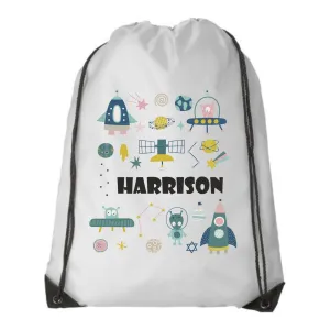 Personalised Space Drawstring Bag - PE Bag - Swimming Bag - I Love Planets -Robots - Universe