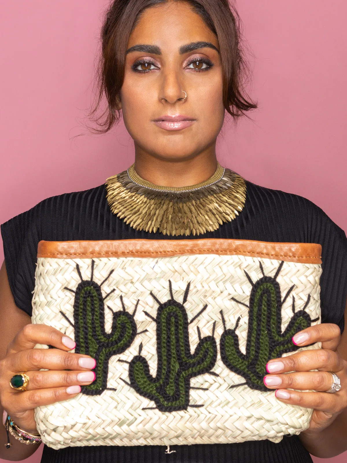 Raffia Cactus Clutch Tan