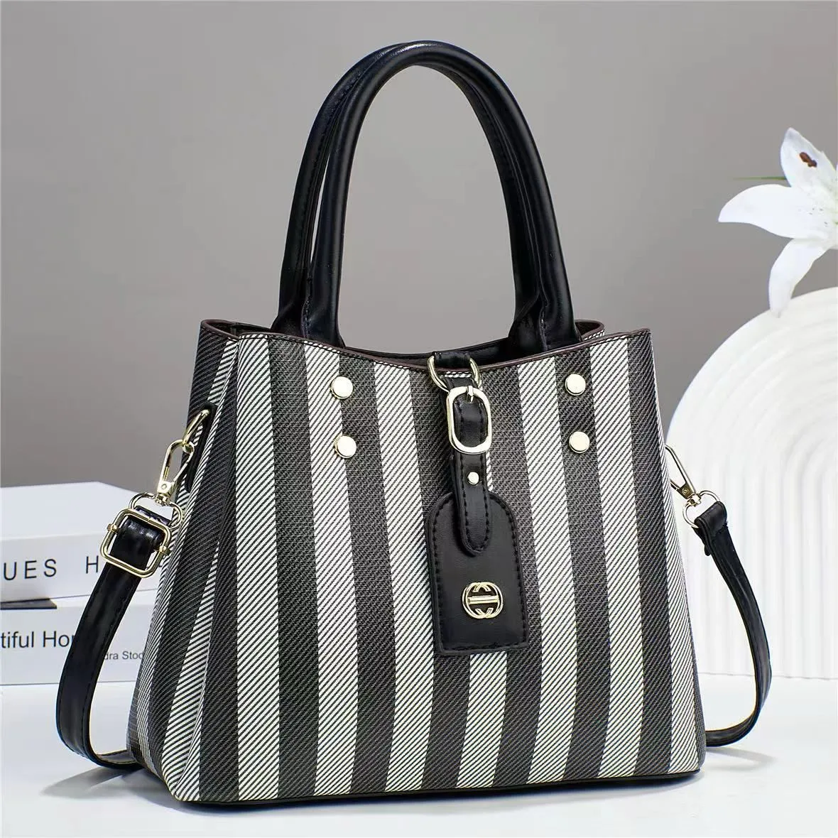 Striped Lambskin Satchel brown and white