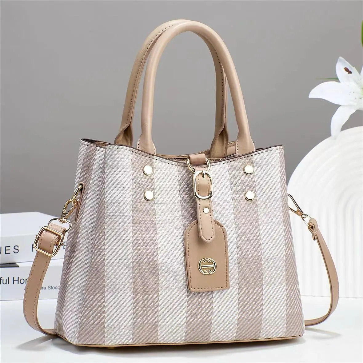 Striped Lambskin Satchel brown and white