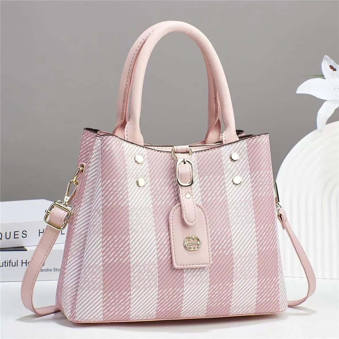 Striped Lambskin Satchel brown and white