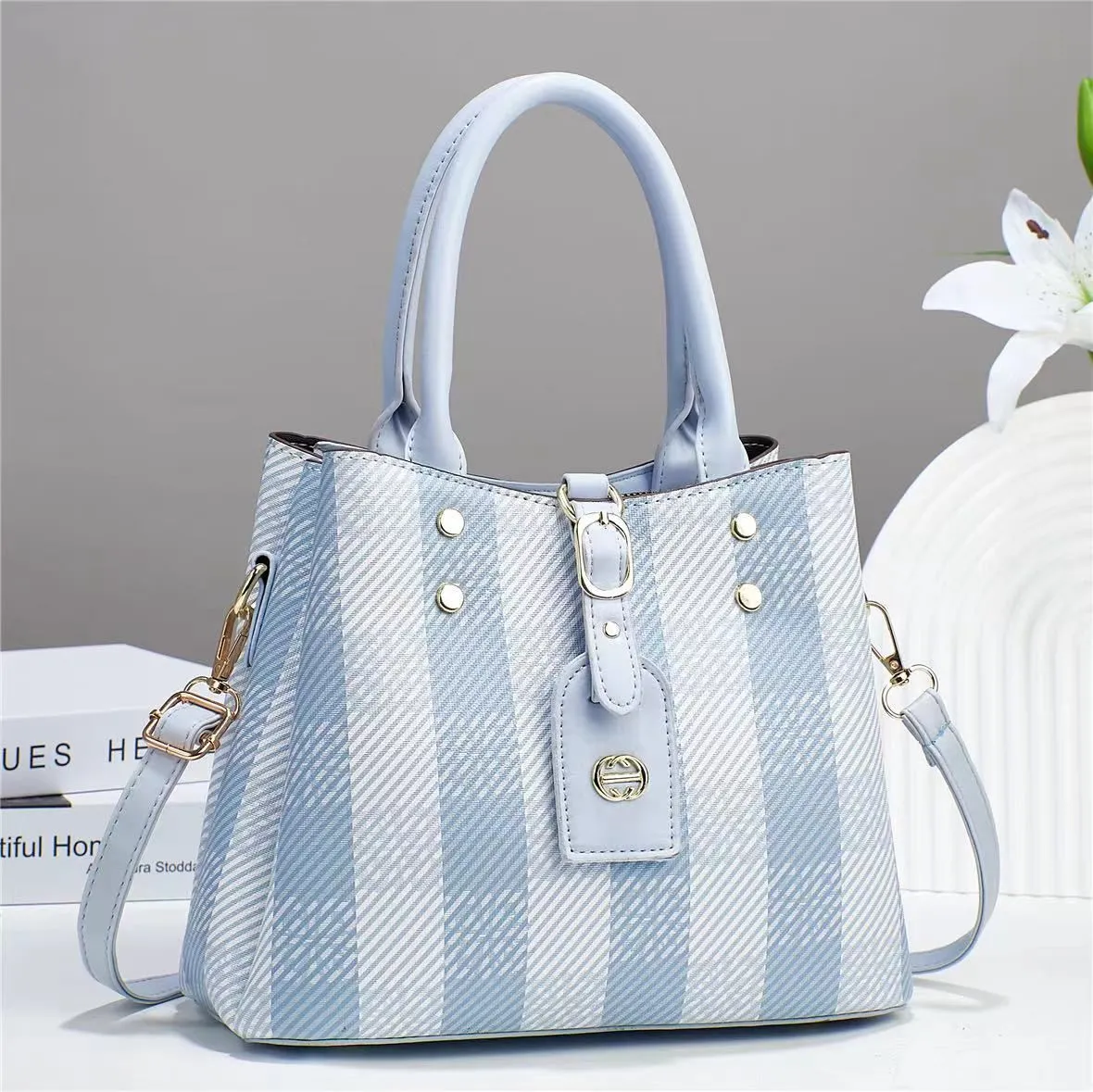 Striped Lambskin Satchel brown and white