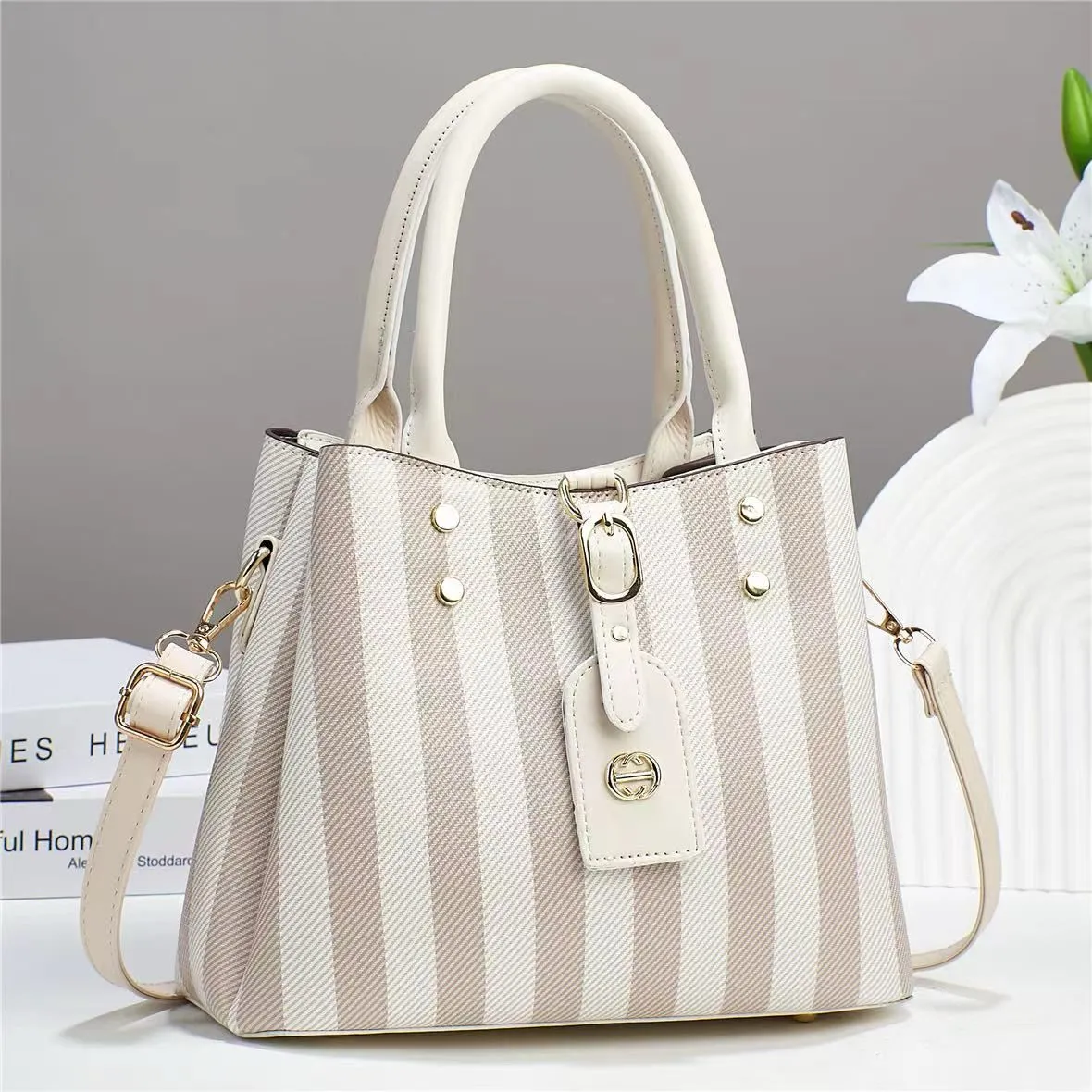 Striped Lambskin Satchel brown and white