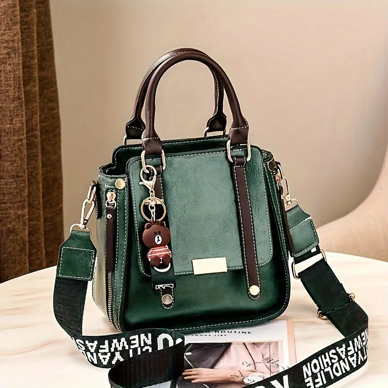 Vintage Chic Colorblock Handbag – Trendy Square PU Leather Crossbody with Polyester Lining, Perfect for Fashion-Forward Women