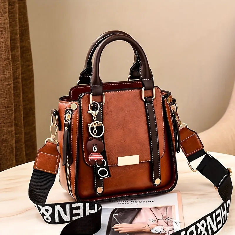 Vintage Chic Colorblock Handbag – Trendy Square PU Leather Crossbody with Polyester Lining, Perfect for Fashion-Forward Women