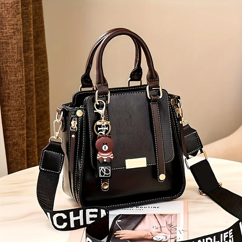 Vintage Chic Colorblock Handbag – Trendy Square PU Leather Crossbody with Polyester Lining, Perfect for Fashion-Forward Women