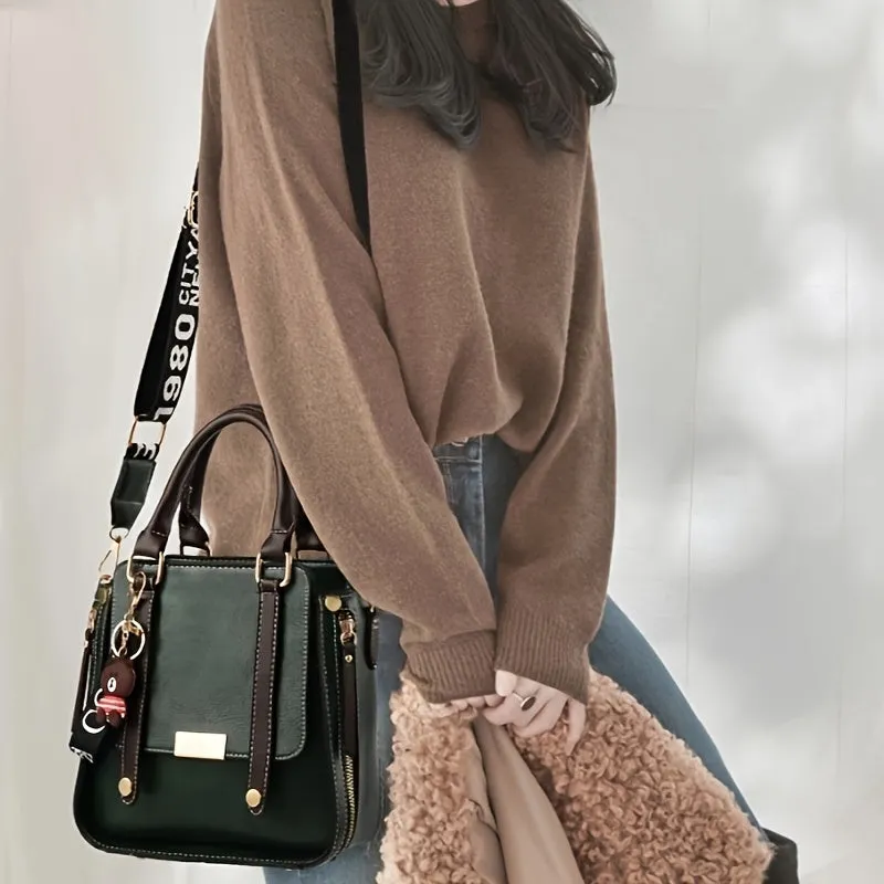 Vintage Chic Colorblock Handbag – Trendy Square PU Leather Crossbody with Polyester Lining, Perfect for Fashion-Forward Women