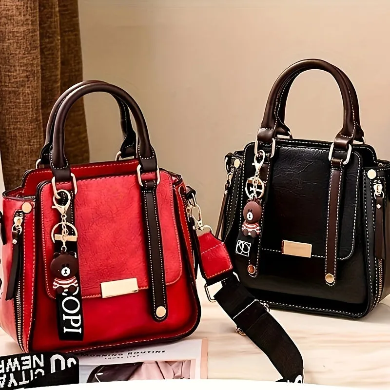 Vintage Chic Colorblock Handbag – Trendy Square PU Leather Crossbody with Polyester Lining, Perfect for Fashion-Forward Women