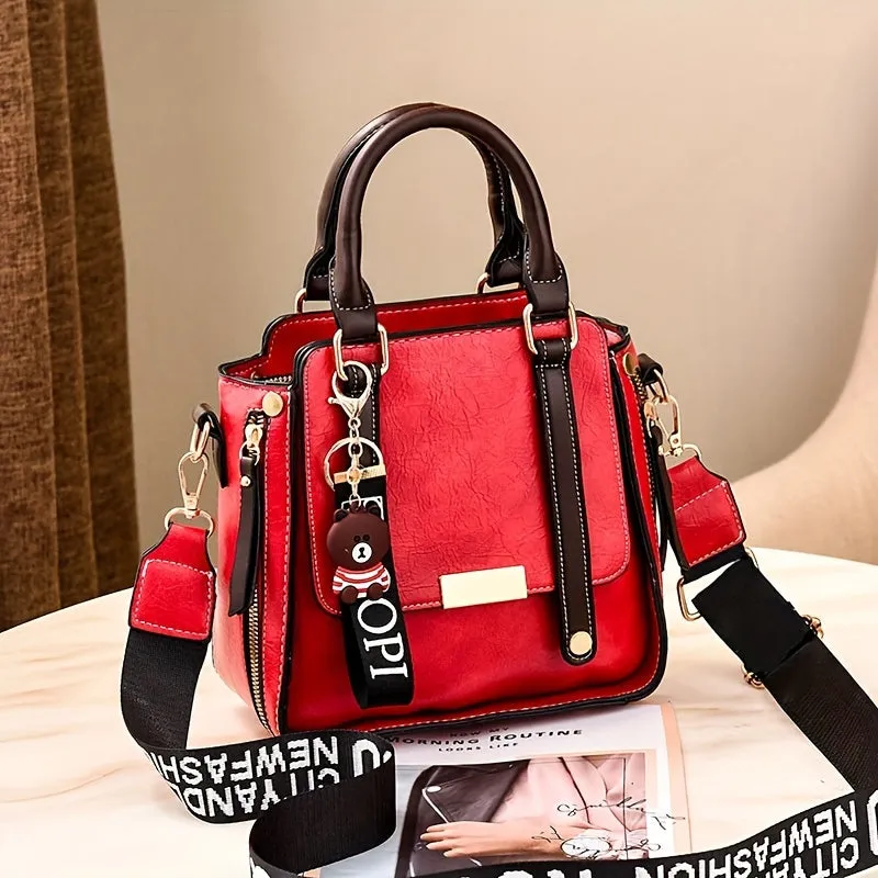 Vintage Chic Colorblock Handbag – Trendy Square PU Leather Crossbody with Polyester Lining, Perfect for Fashion-Forward Women