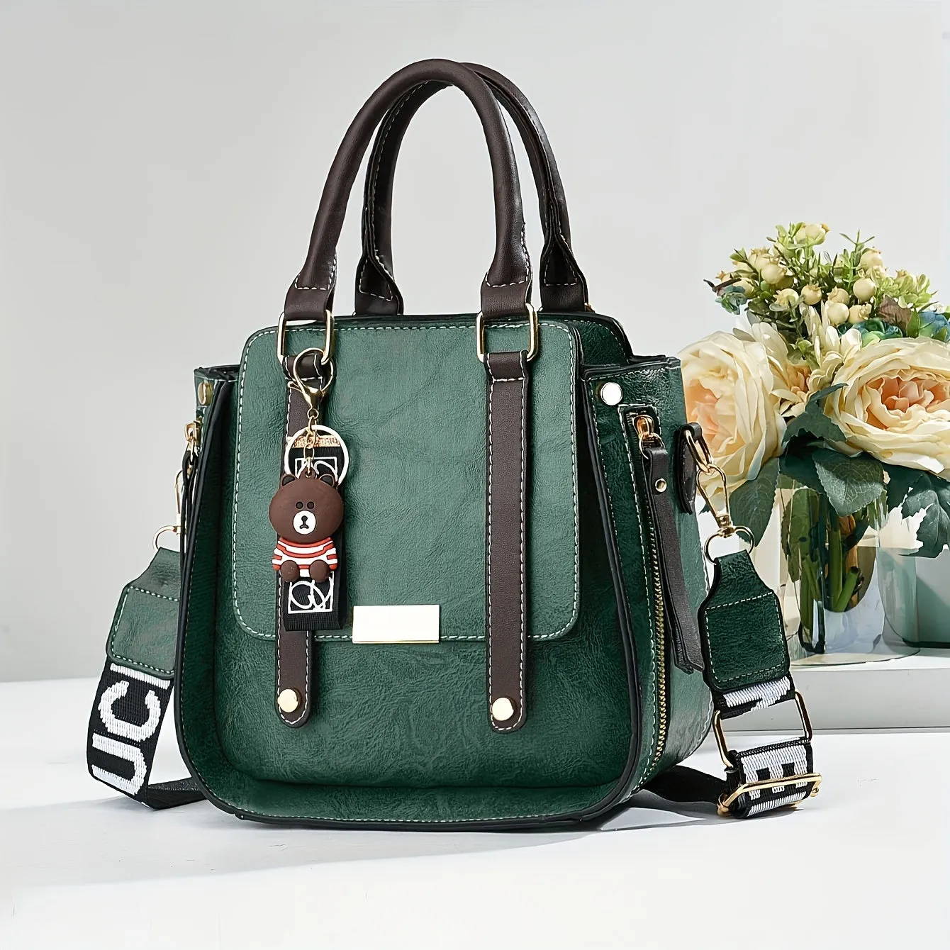 Vintage Chic Colorblock Handbag – Trendy Square PU Leather Crossbody with Polyester Lining, Perfect for Fashion-Forward Women