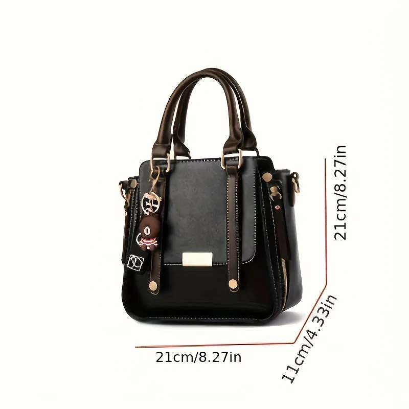 Vintage Chic Colorblock Handbag – Trendy Square PU Leather Crossbody with Polyester Lining, Perfect for Fashion-Forward Women