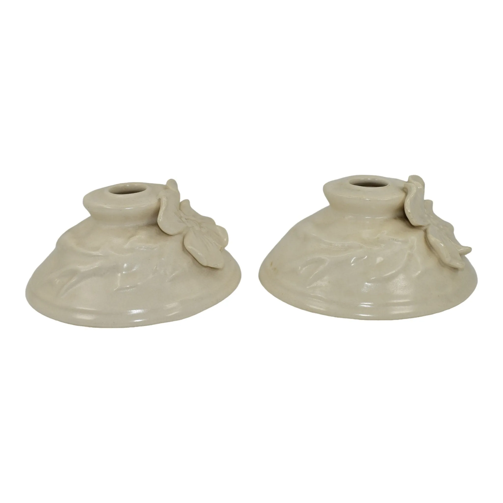 Weller Ivoris Rosemont 1930s Vintage Art Pottery White Floral Candle Holders