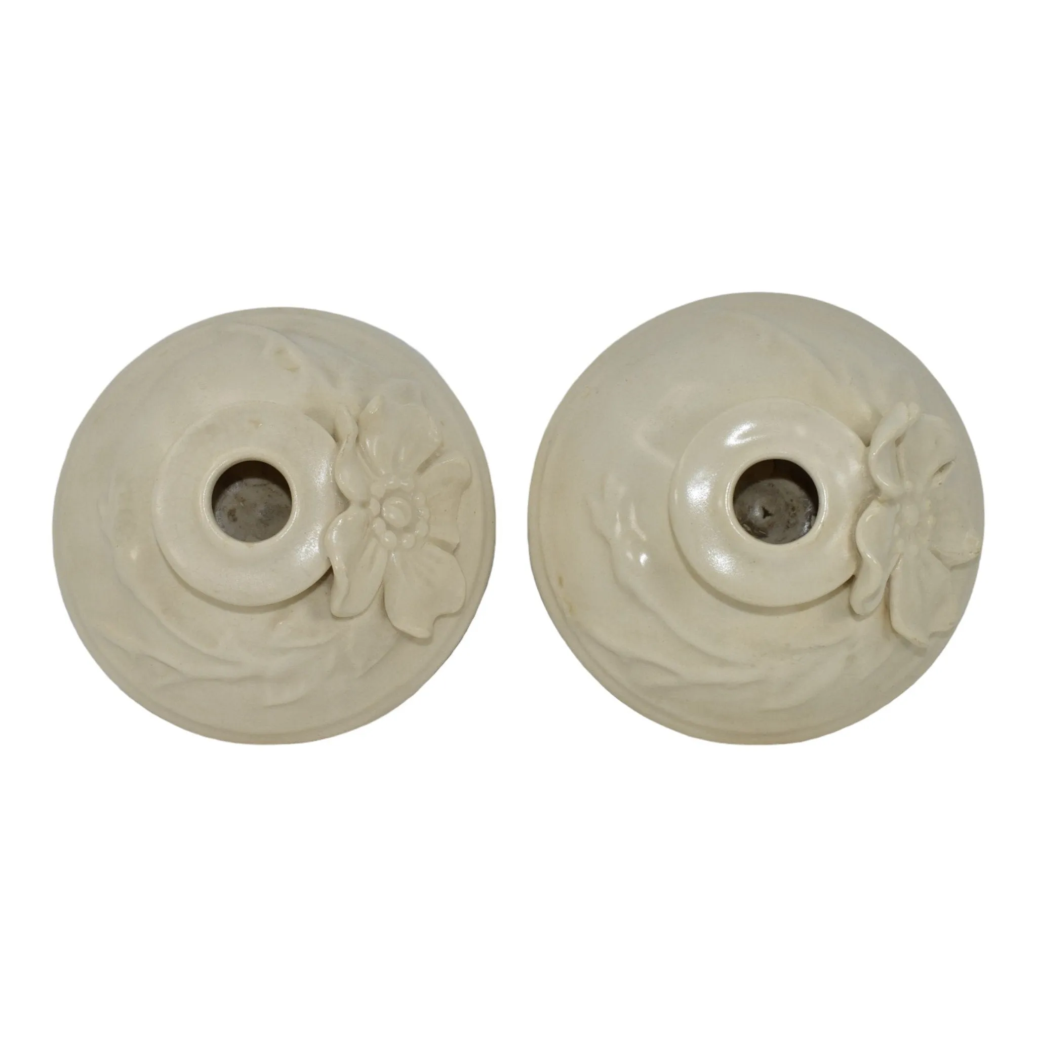 Weller Ivoris Rosemont 1930s Vintage Art Pottery White Floral Candle Holders
