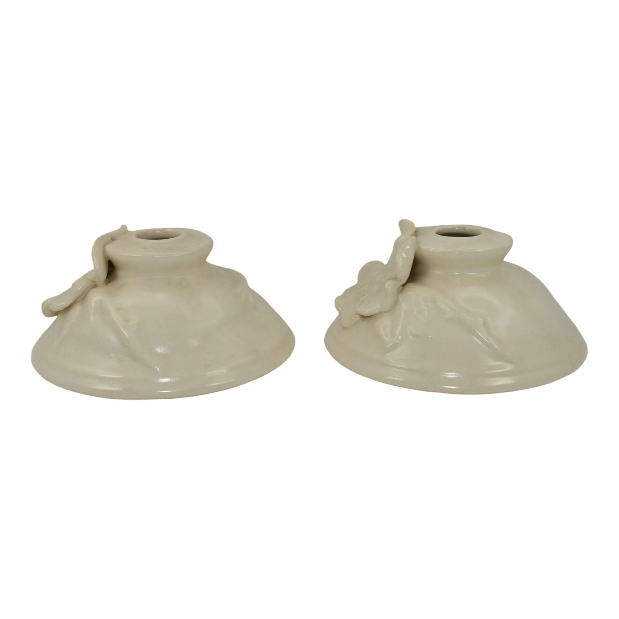 Weller Ivoris Rosemont 1930s Vintage Art Pottery White Floral Candle Holders