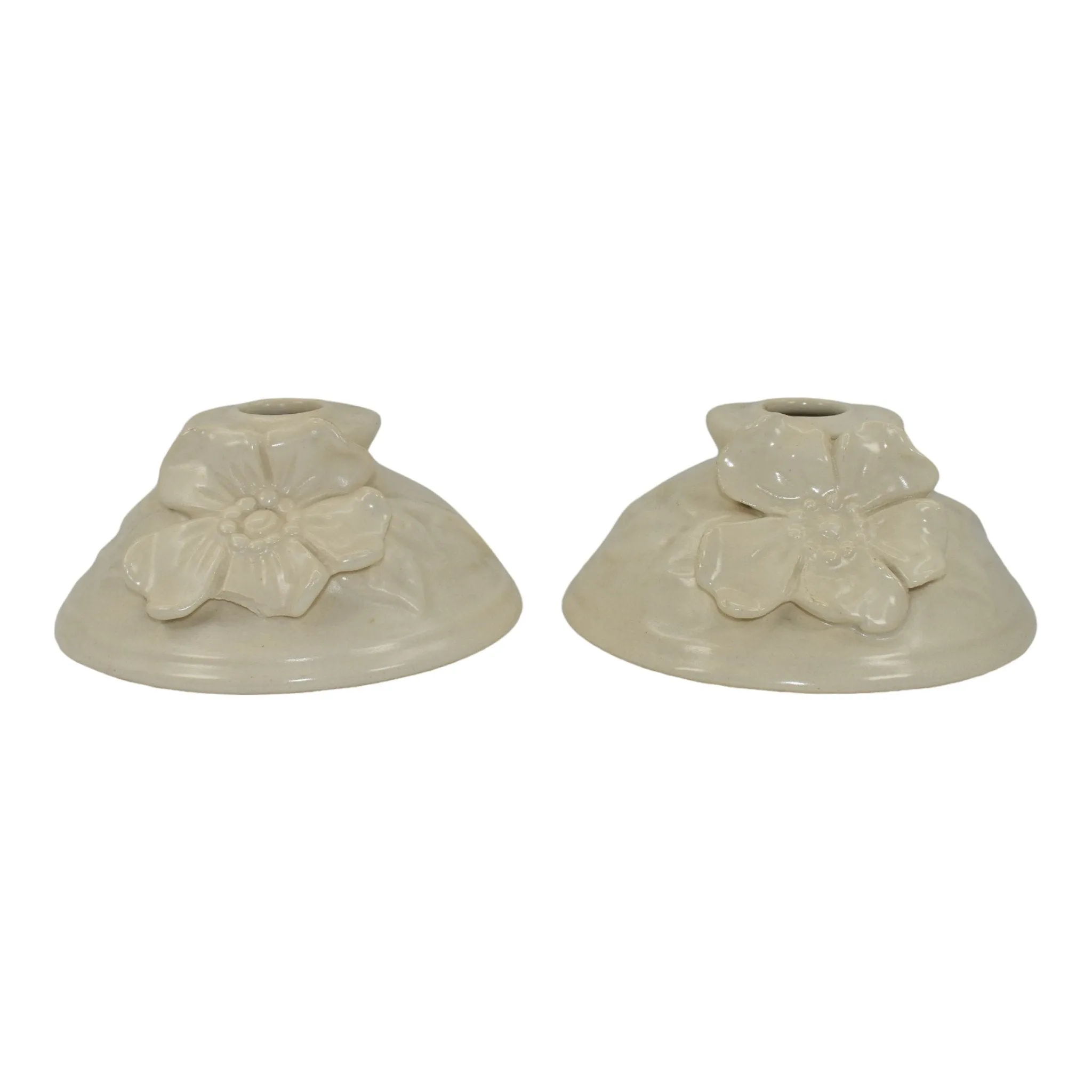 Weller Ivoris Rosemont 1930s Vintage Art Pottery White Floral Candle Holders